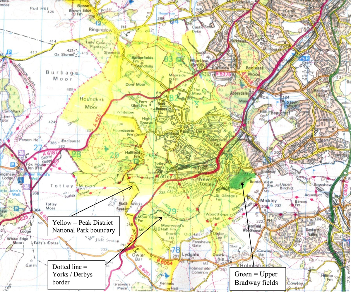 
Ordinance Survey map showing the furthest points (lemon) on public roads and footpaths from which Sheffield’s Upper Bradway fields (Green) are clearly visible.